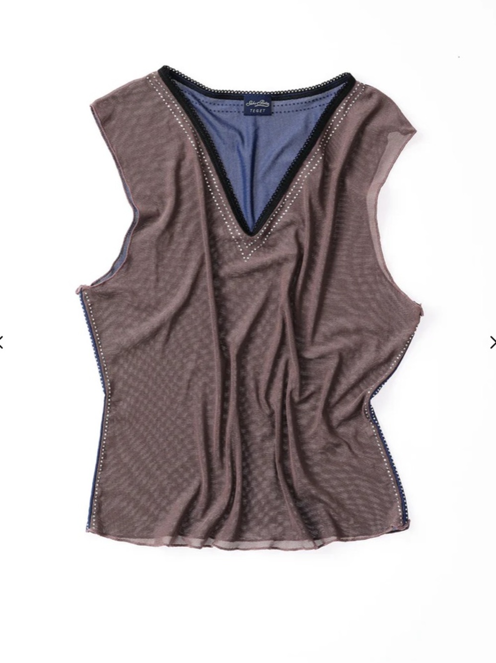 Saks Potts Brown Mesh V-Neck Tank with Blue Trim